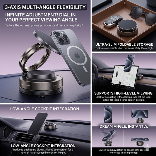 Magnetic Car Phone Mount, Ultra-Slim Foldable Dashboard Phone Holder [MagSafe Compatible], 360° Rotatable Hands-Free Cell Phone Bracket for All iPhone & Android Users